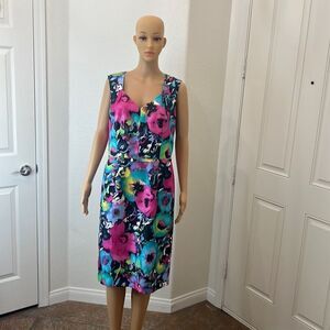 Black Label Evan Picone Dress Floral Sweetheart Neck Sleeveless Midi Pink Blue